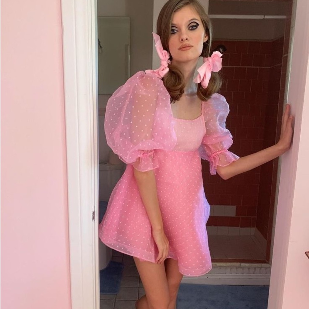 Selkie The Pink Flirt Puff Sleeve Mini Dress